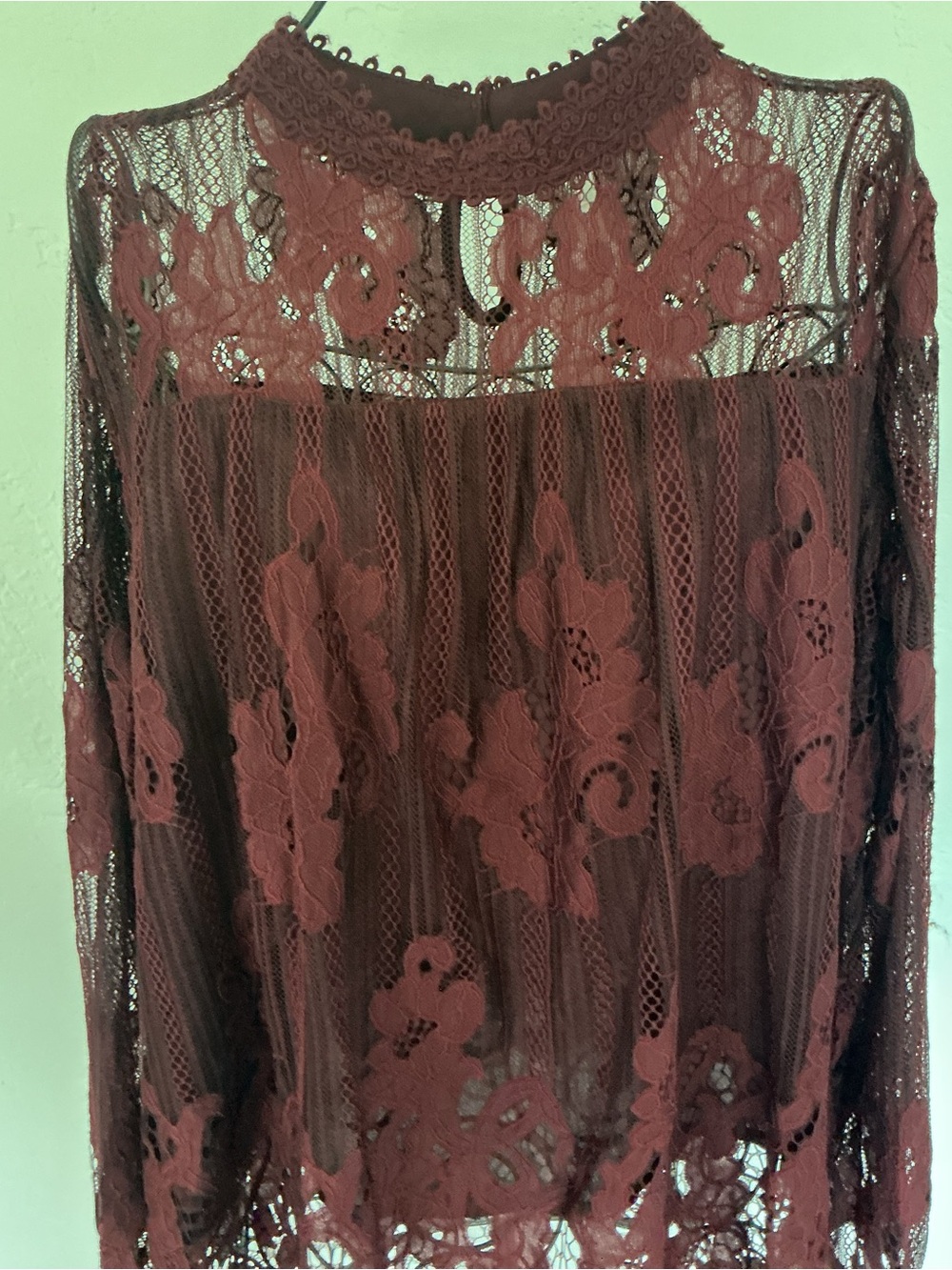 Xhilaration Burgundy Lace High-Neck Long-Sleeve Blouse - Picture 2 of 8